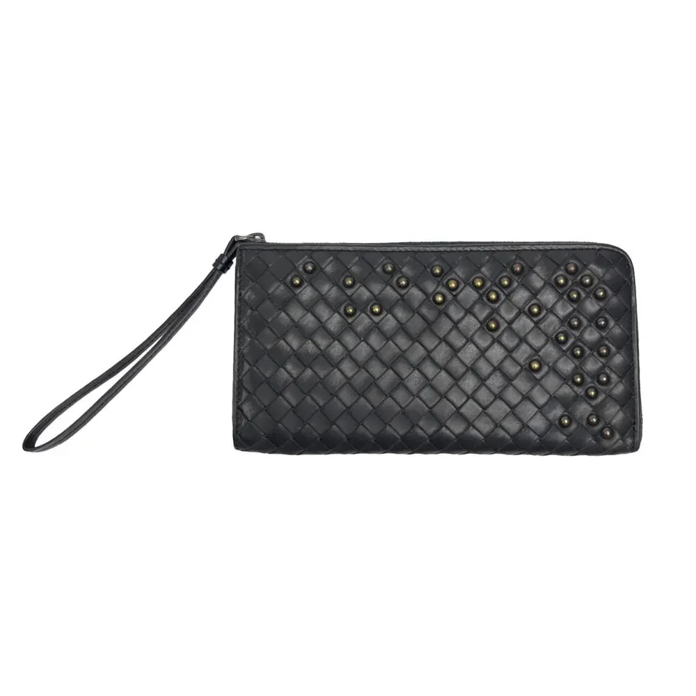 Bottega Veneta Intrecciato Studded Zip Around Wallet Wristlet Black Leather EUC